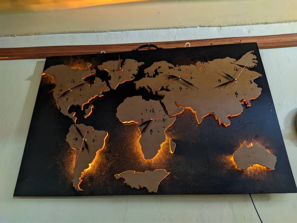 World Clock Art With 6 Different Time zones & Lighting